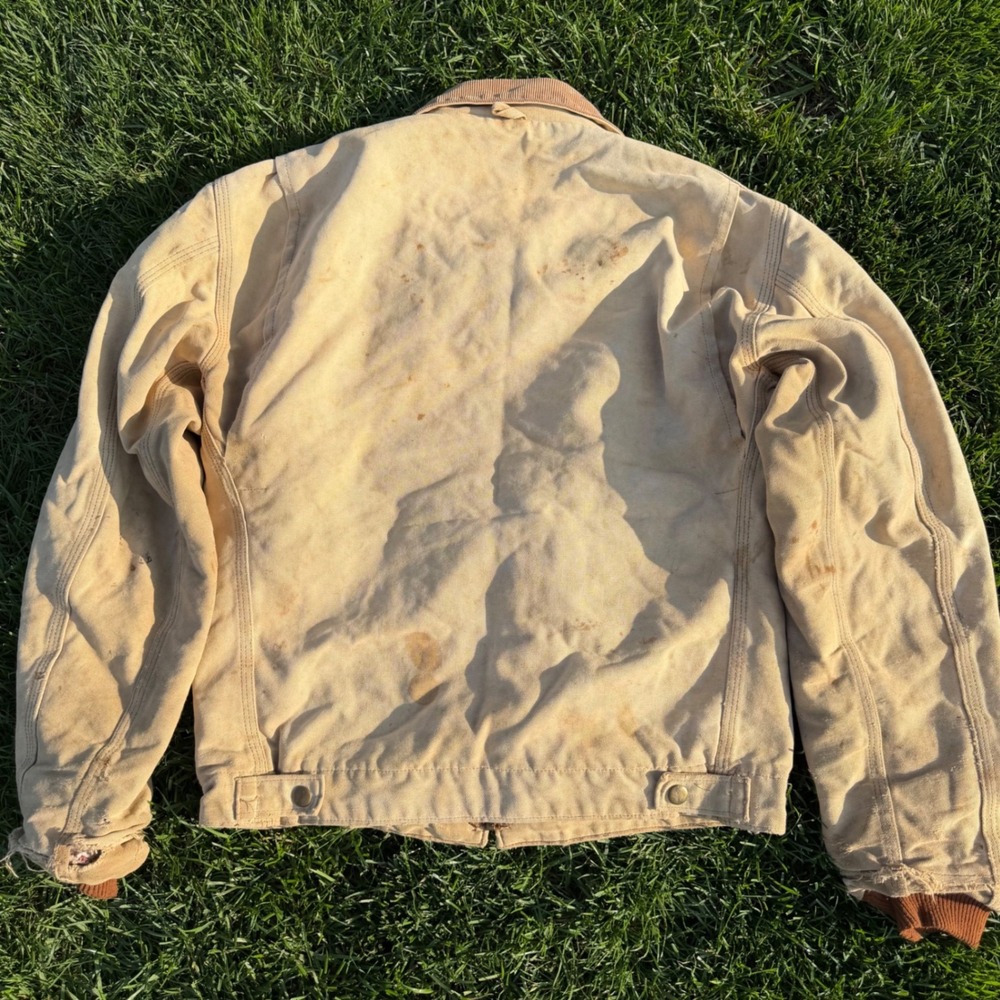 Vintage Carhartt Detroit Jacket Tan Duck Canvas Quilted Lining Distressed Mens - Picture 7 of 10